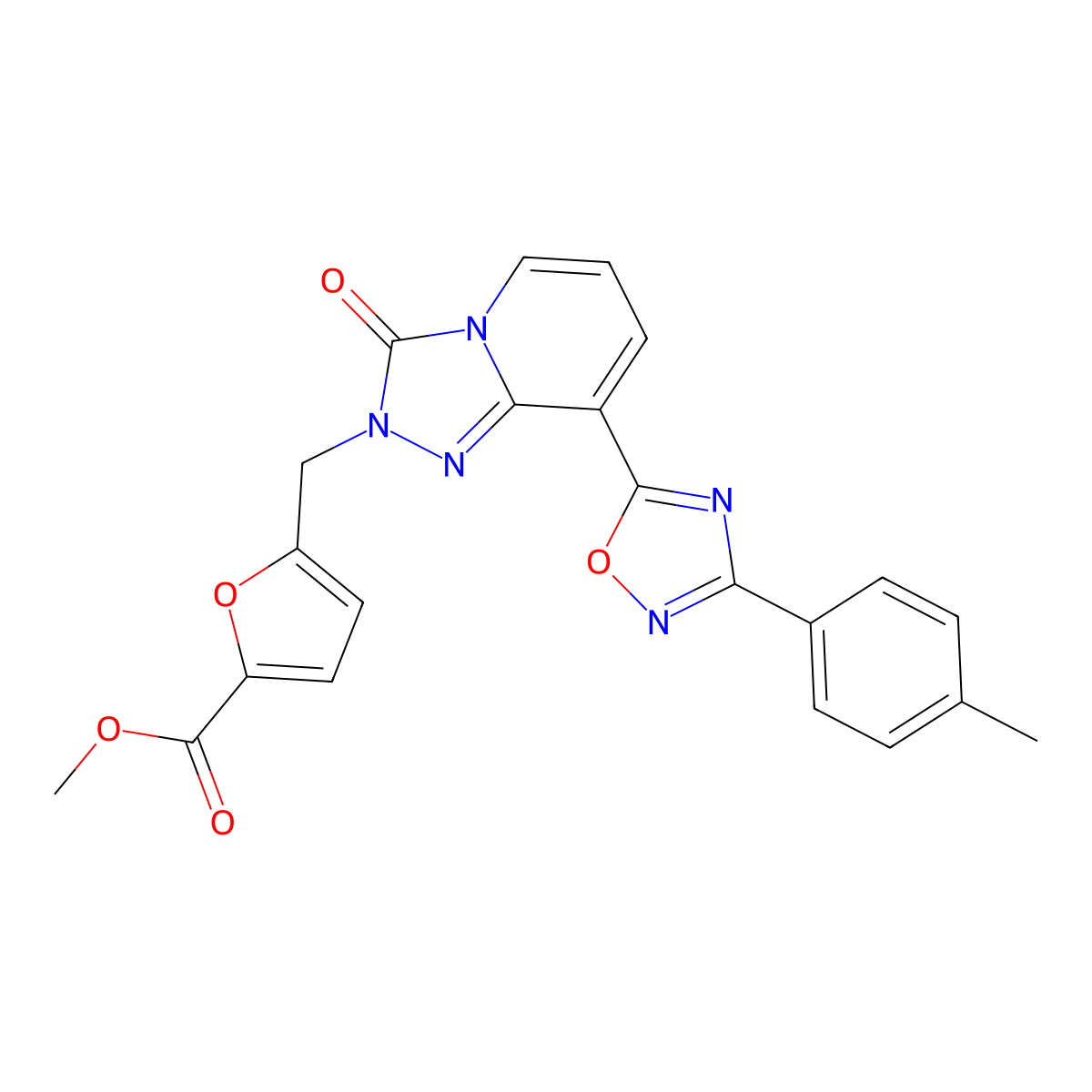 methyl 5-((3-oxo-8-(3-(p-tolyl)-1,2,4-oxadiazol-5-yl)-[1,2,4]triazolo[4,3-a]pyridin-2(3H)-yl)methyl)furan-2-carboxylate molecular structure, CAS 1251572-80-1