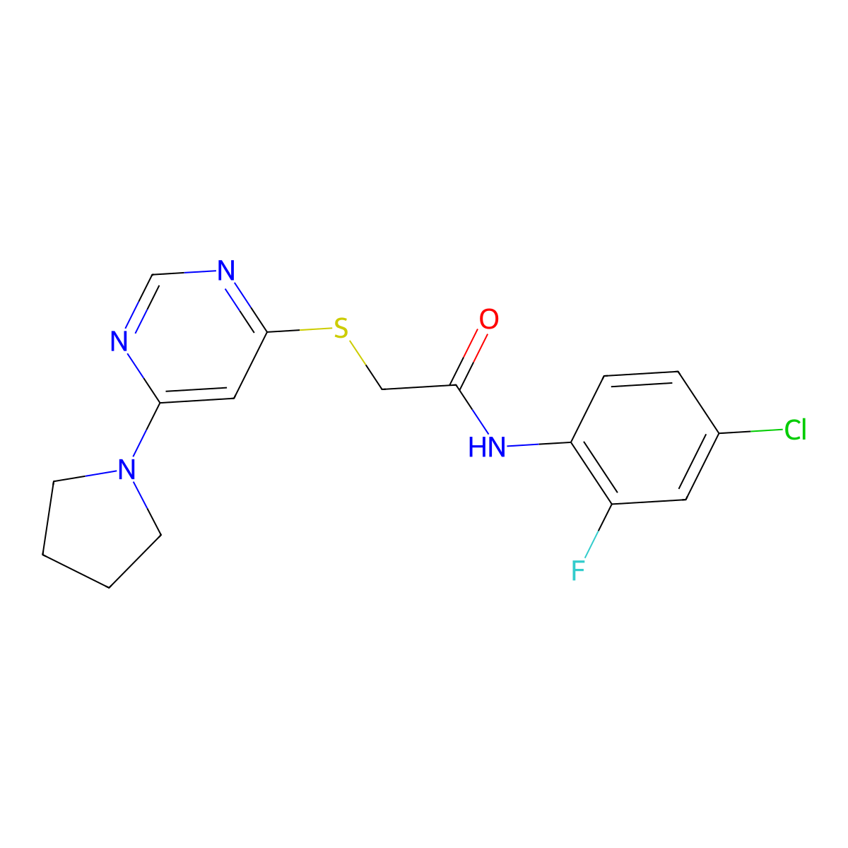 N-(4-chloro-2-fluorophenyl)-2-{[6-(pyrrolidin-1-yl)pyrimidin-4-yl]sulfanyl}acetamide molecular structure, CAS 1251572-94-7
