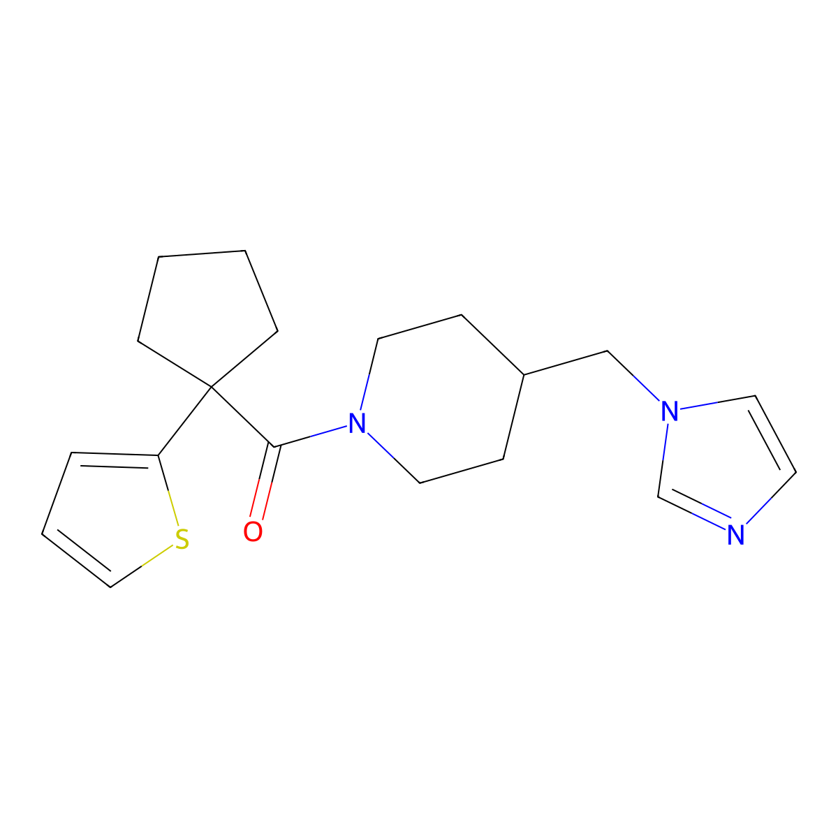 (4-((1H-imidazol-1-yl)methyl)piperidin-1-yl)(1-(thiophen-2-yl)cyclopentyl)methanone molecular structure, CAS 1251573-01-9