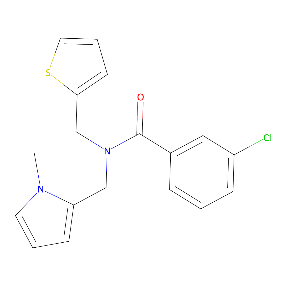 3-chloro-N-((1-methyl-1H-pyrrol-2-yl)methyl)-N-(thiophen-2-ylmethyl)benzamide molecular structure, CAS 1251573-13-3