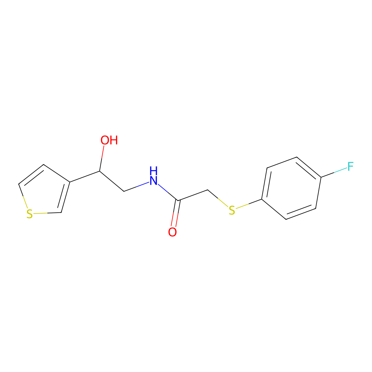 2-((4-fluorophenyl)thio)-N-(2-hydroxy-2-(thiophen-3-yl)ethyl)acetamide molecular structure, CAS 1251573-28-0