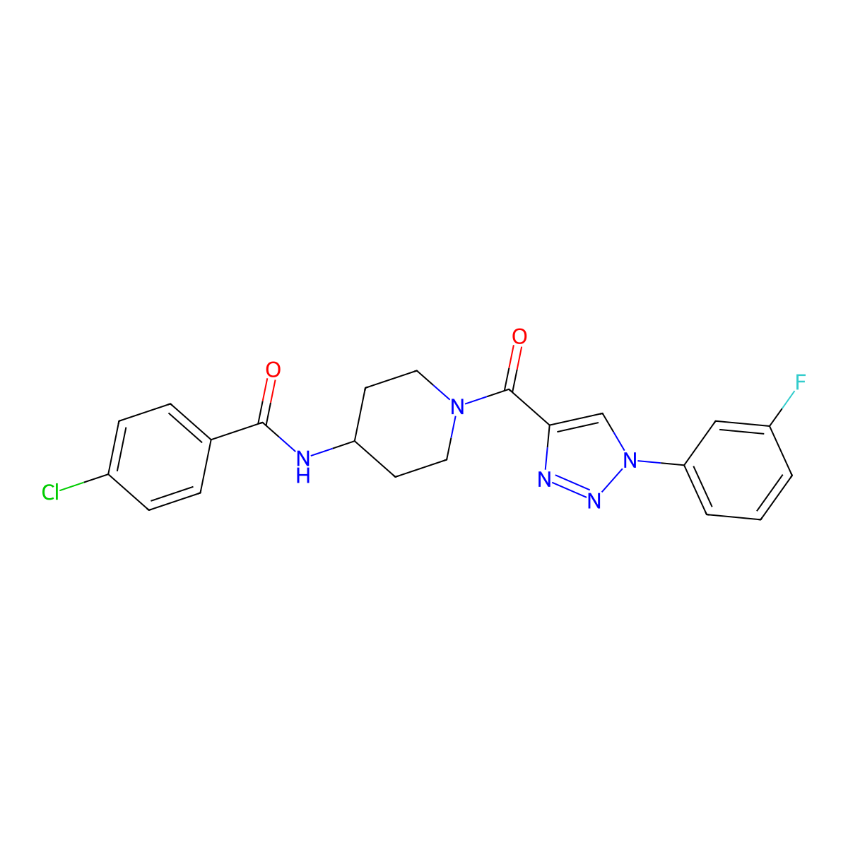 4-chloro-N-(1-(1-(3-fluorophenyl)-1H-1,2,3-triazole-4-carbonyl)piperidin-4-yl)benzamide molecular structure, CAS 1251573-32-6