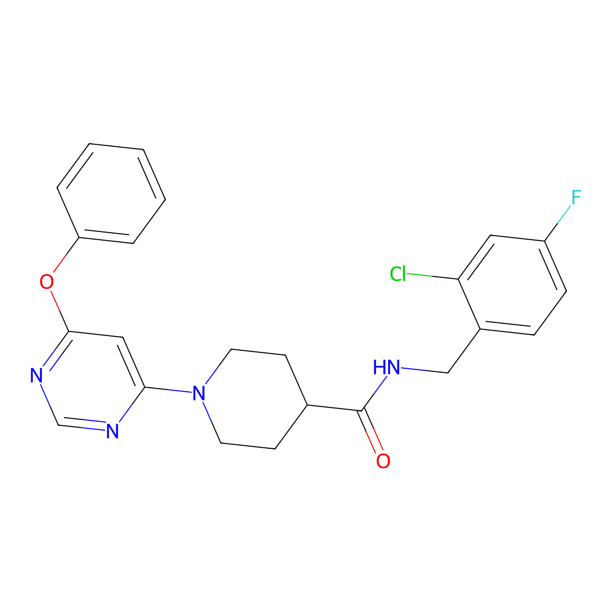 N-(2-chloro-4-fluorobenzyl)-1-(6-phenoxypyrimidin-4-yl)piperidine-4-carboxamide molecular structure, CAS 1251573-36-0
