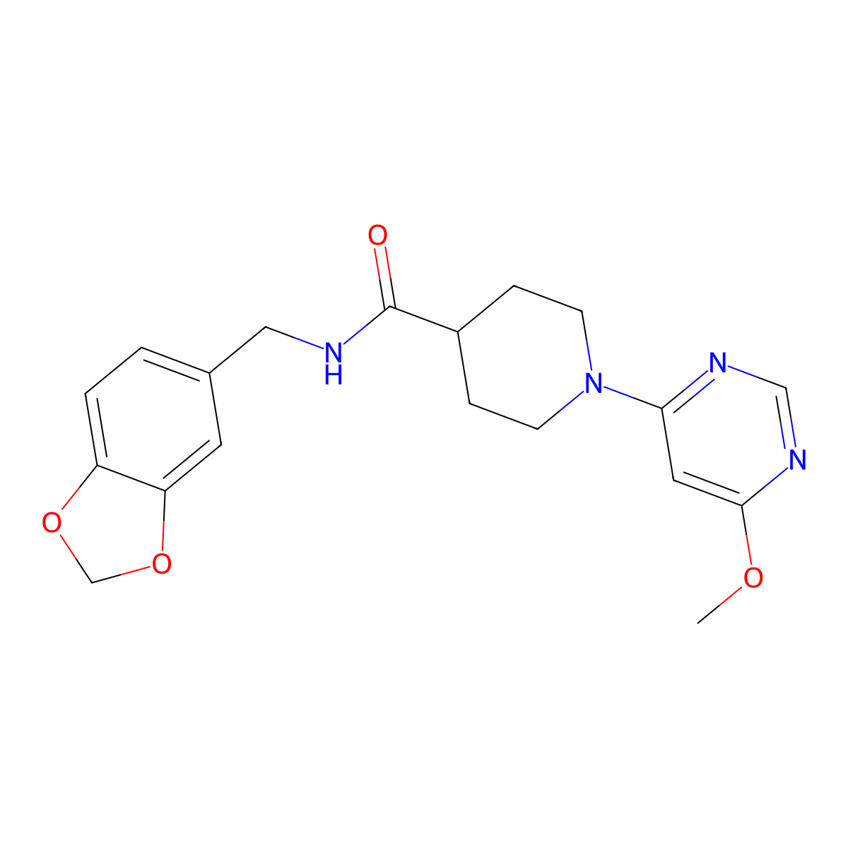 N-(benzo[d][1,3]dioxol-5-ylmethyl)-1-(6-methoxypyrimidin-4-yl)piperidine-4-carboxamide molecular structure, CAS 1251573-55-3