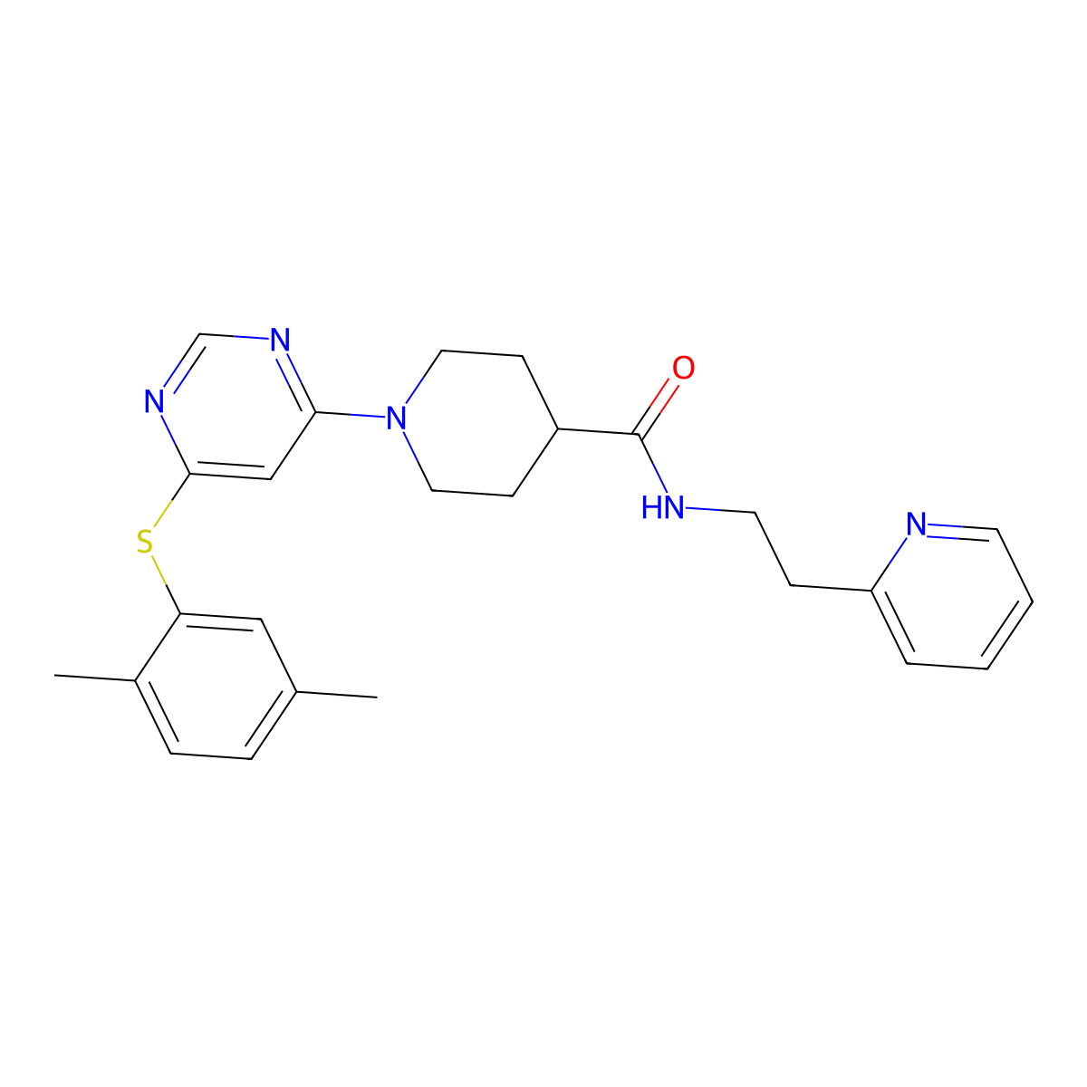1-(6-((2,5-dimethylphenyl)thio)pyrimidin-4-yl)-N-(2-(pyridin-2-yl)ethyl)piperidine-4-carboxamide molecular structure, CAS 1251573-59-7