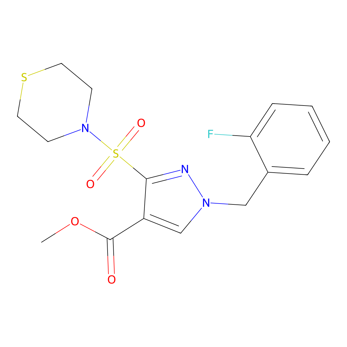 methyl 1-(2-fluorobenzyl)-3-(thiomorpholinosulfonyl)-1H-pyrazole-4-carboxylate molecular structure, CAS 1251573-67-7