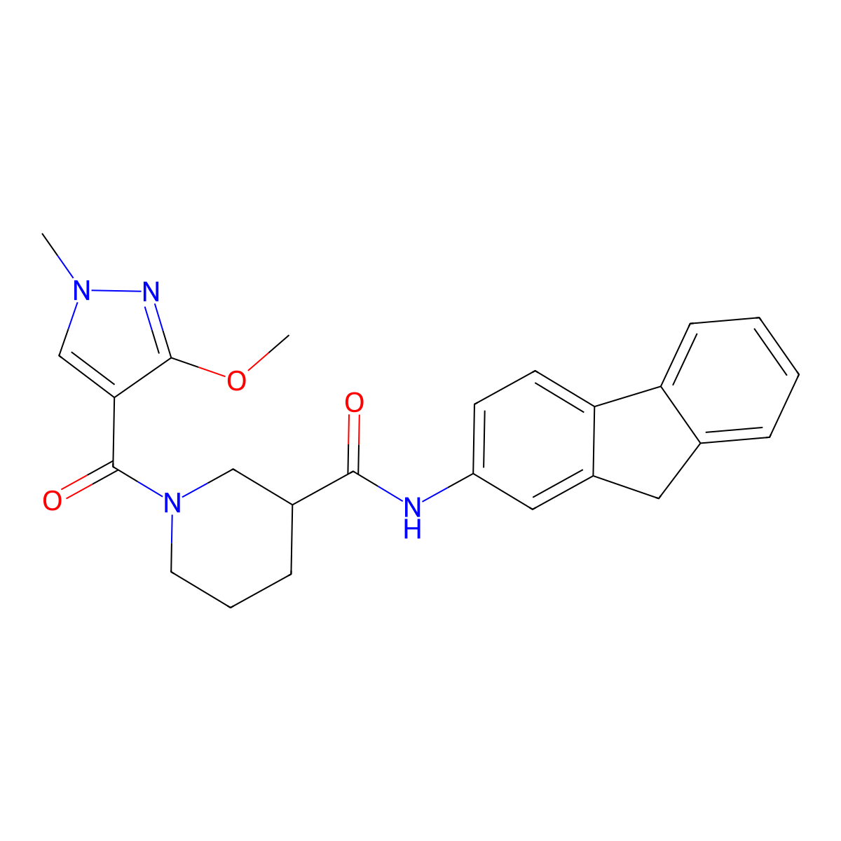 N-(9H-fluoren-2-yl)-1-(3-methoxy-1-methyl-1H-pyrazole-4-carbonyl)piperidine-3-carboxamide molecular structure, CAS 1251573-93-9