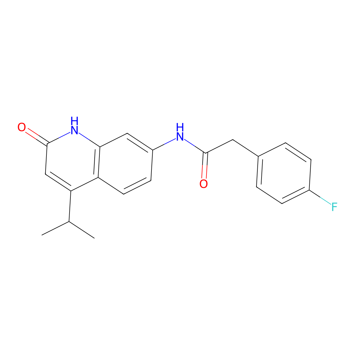 2-(4-fluorophenyl)-N-(4-isopropyl-2-oxo-1,2-dihydroquinolin-7-yl)acetamide molecular structure, CAS 1251573-96-2
