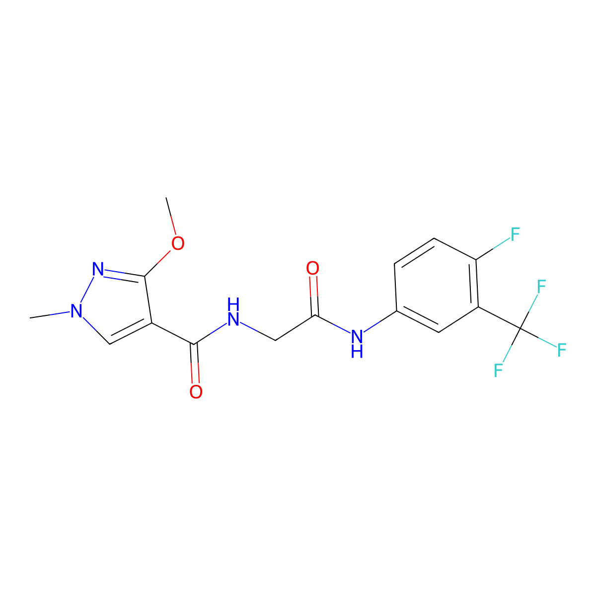 N-(2-((4-fluoro-3-(trifluoromethyl)phenyl)amino)-2-oxoethyl)-3-methoxy-1-methyl-1H-pyrazole-4-carboxamide molecular structure, CAS 1251574-01-2