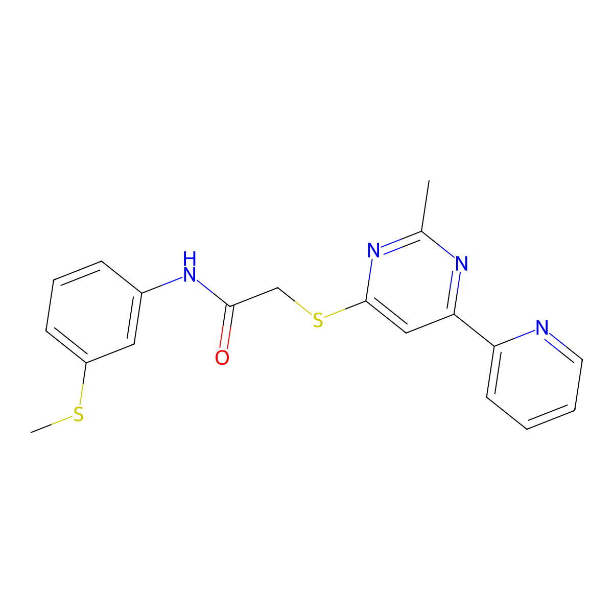 2-((2-methyl-6-(pyridin-2-yl)pyrimidin-4-yl)thio)-N-(3-(methylthio)phenyl)acetamide molecular structure, CAS 1251574-48-7