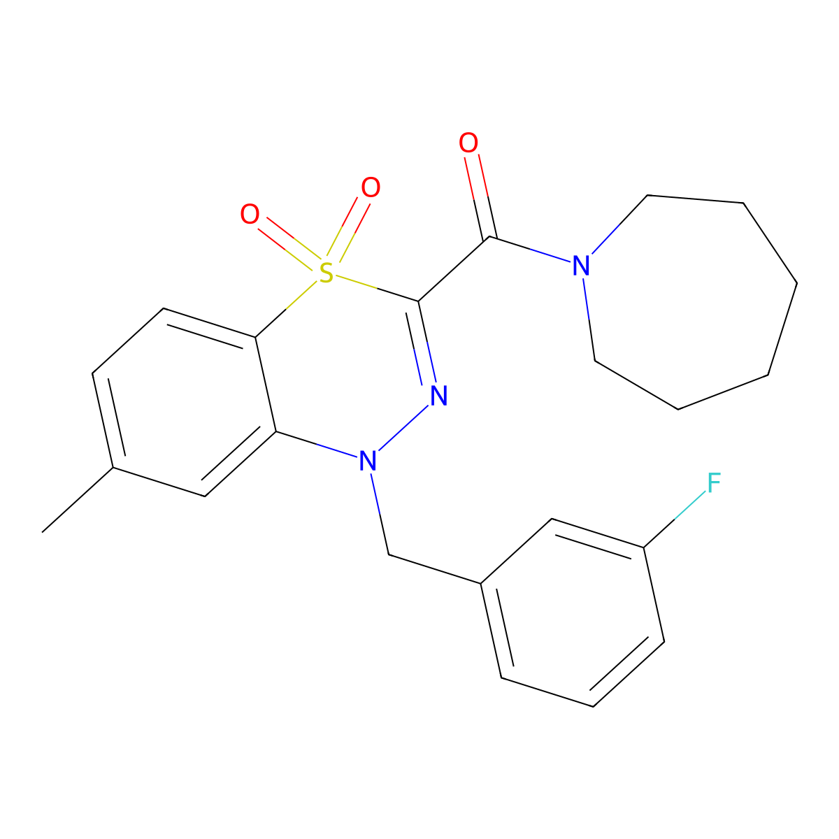 azepan-1-yl(1-(3-fluorobenzyl)-7-methyl-4,4-dioxido-1H-benzo[e][1,3,4]thiadiazin-3-yl)methanone molecular structure, CAS 1251574-50-1