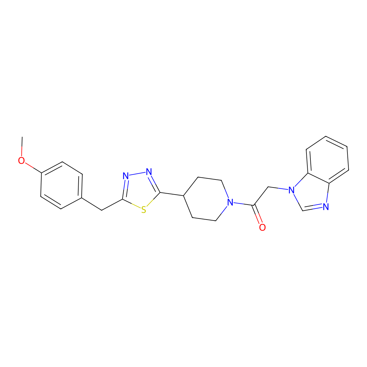 2-(1H-benzo[d]imidazol-1-yl)-1-(4-(5-(4-methoxybenzyl)-1,3,4-thiadiazol-2-yl)piperidin-1-yl)ethanone molecular structure, CAS 1251574-64-7