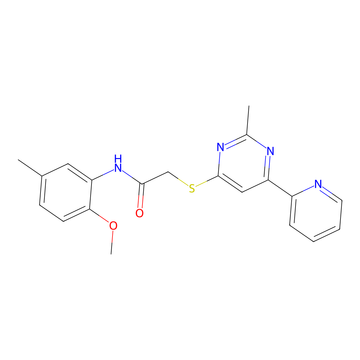N-(2-methoxy-5-methylphenyl)-2-((2-methyl-6-(pyridin-2-yl)pyrimidin-4-yl)thio)acetamide molecular structure, CAS 1251574-75-0