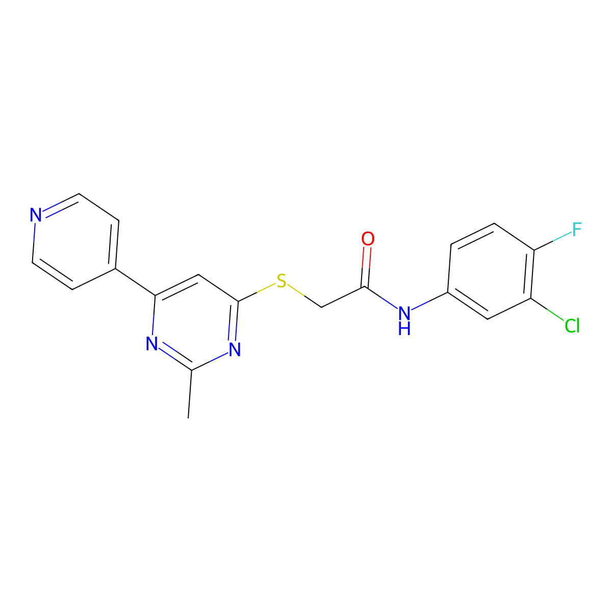 N-(3-chloro-4-fluorophenyl)-2-((2-methyl-6-(pyridin-4-yl)pyrimidin-4-yl)thio)acetamide molecular structure, CAS 1251574-84-1