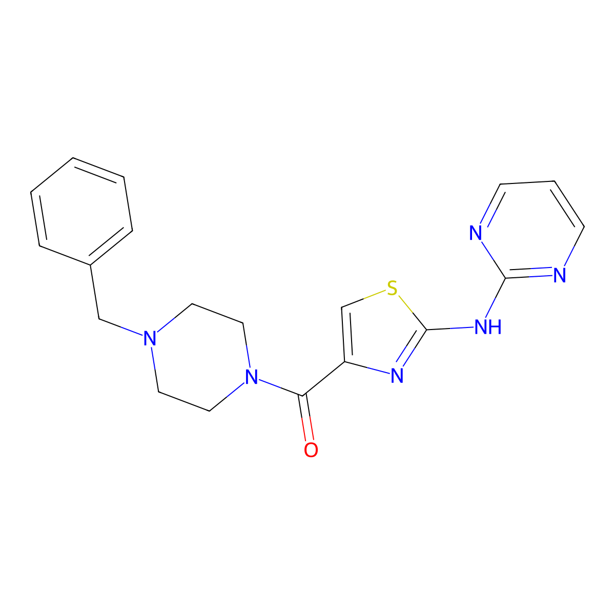 (4-Benzylpiperazin-1-yl)(2-(pyrimidin-2-ylamino)thiazol-4-yl)methanone molecular structure, CAS 1251575-07-1