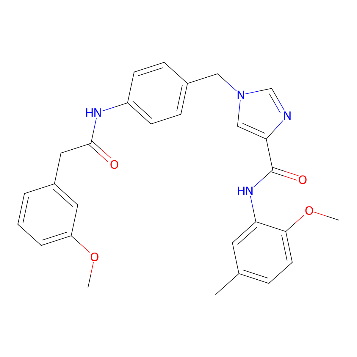 N-(2-methoxy-5-methylphenyl)-1-(4-(2-(3-methoxyphenyl)acetamido)benzyl)-1H-imidazole-4-carboxamide molecular structure, CAS 1251575-13-9