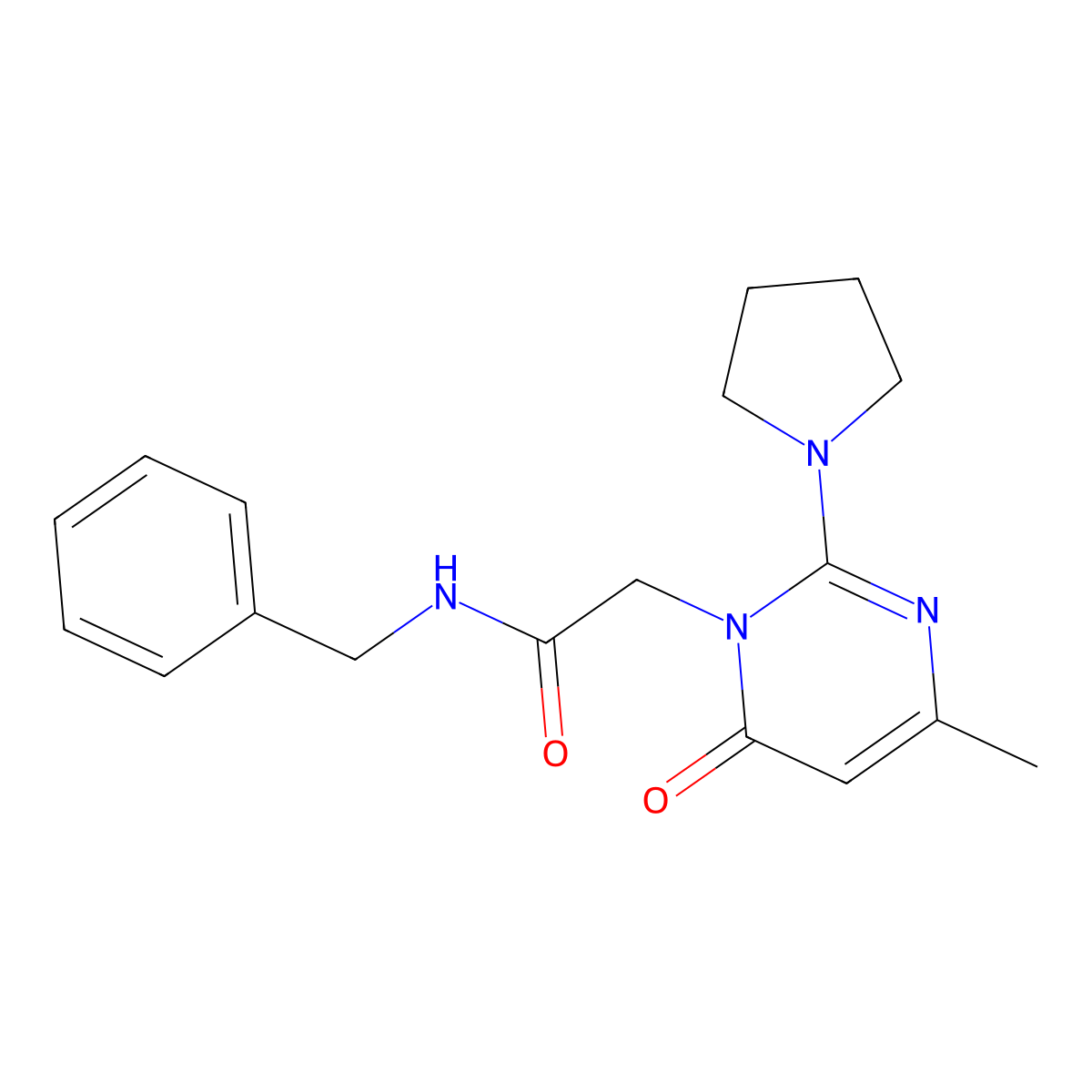 N-benzyl-2-(4-methyl-6-oxo-2-(pyrrolidin-1-yl)pyrimidin-1(6H)-yl)acetamide molecular structure, CAS 1251575-16-2