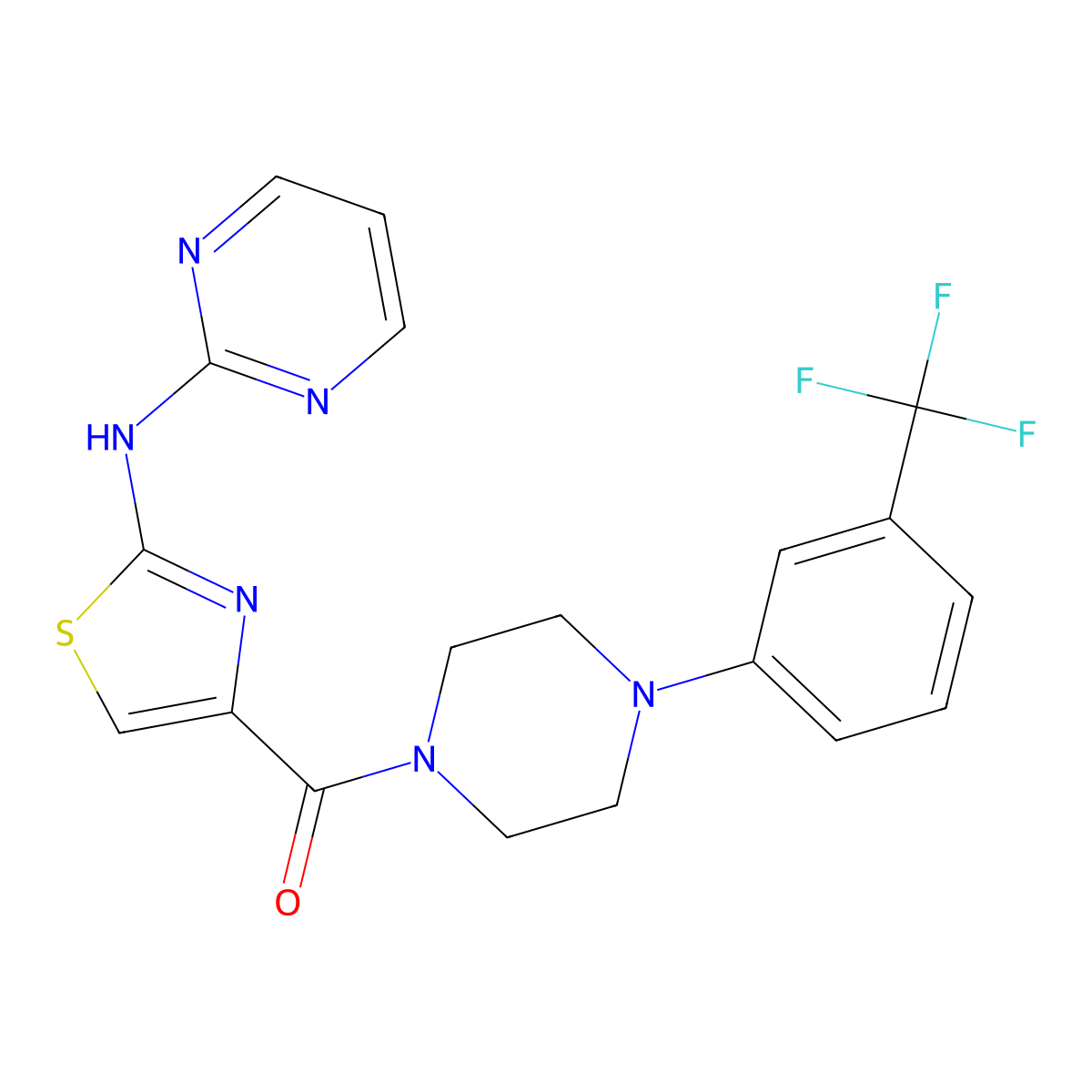 (2-(Pyrimidin-2-ylamino)thiazol-4-yl)(4-(3-(trifluoromethyl)phenyl)piperazin-1-yl)methanone molecular structure, CAS 1251575-20-8