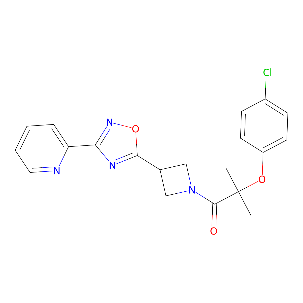 2-(4-Chlorophenoxy)-2-methyl-1-(3-(3-(pyridin-2-yl)-1,2,4-oxadiazol-5-yl)azetidin-1-yl)propan-1-one molecular structure, CAS 1251575-36-6