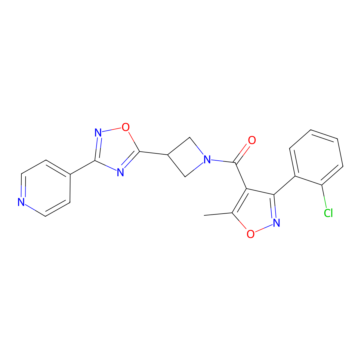 (3-(2-Chlorophenyl)-5-methylisoxazol-4-yl)(3-(3-(pyridin-4-yl)-1,2,4-oxadiazol-5-yl)azetidin-1-yl)methanone molecular structure, CAS 1251575-43-5