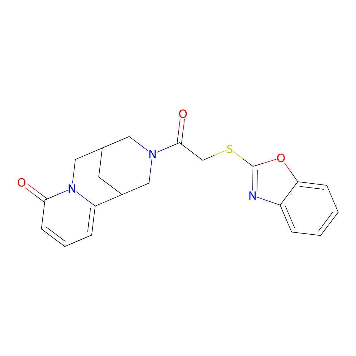 3-(2-(benzo[d]oxazol-2-ylthio)acetyl)-3,4,5,6-tetrahydro-1H-1,5-methanopyrido[1,2-a][1,5]diazocin-8(2H)-one molecular structure, CAS 1251575-79-7