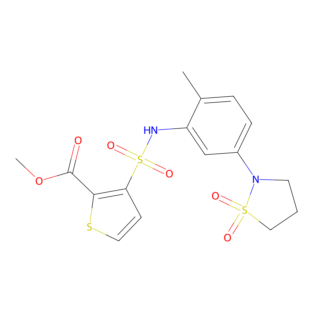 methyl 3-(N-(5-(1,1-dioxidoisothiazolidin-2-yl)-2-methylphenyl)sulfamoyl)thiophene-2-carboxylate molecular structure, CAS 1251575-94-6