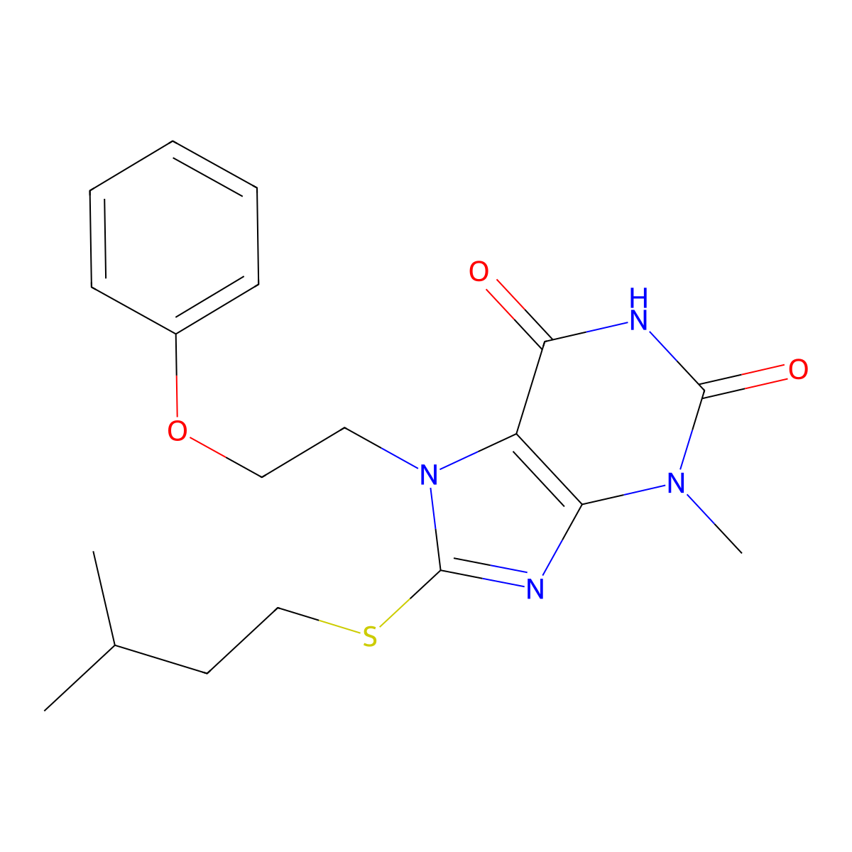 8-(isopentylthio)-3-methyl-7-(2-phenoxyethyl)-1H-purine-2,6(3H,7H)-dione molecular structure, CAS 1251575-97-9