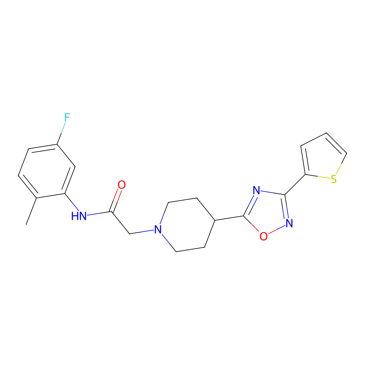N-(5-fluoro-2-methylphenyl)-2-{4-[3-(thiophen-2-yl)-1,2,4-oxadiazol-5-yl]piperidin-1-yl}acetamide molecular structure, CAS 1251576-09-6