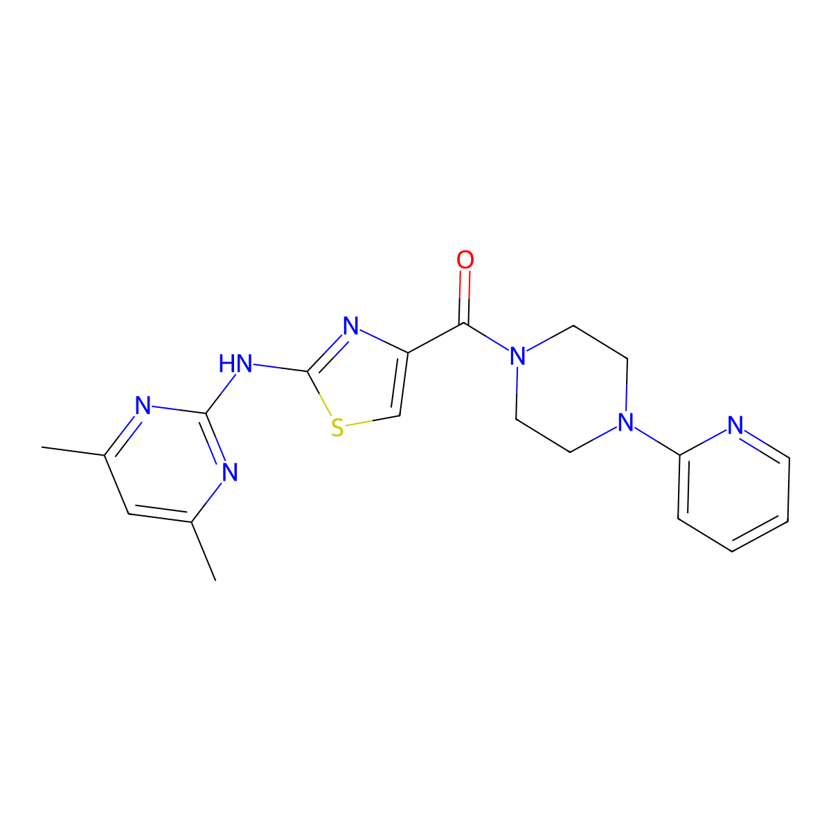 (2-((4,6-Dimethylpyrimidin-2-yl)amino)thiazol-4-yl)(4-(pyridin-2-yl)piperazin-1-yl)methanone molecular structure, CAS 1251576-11-0