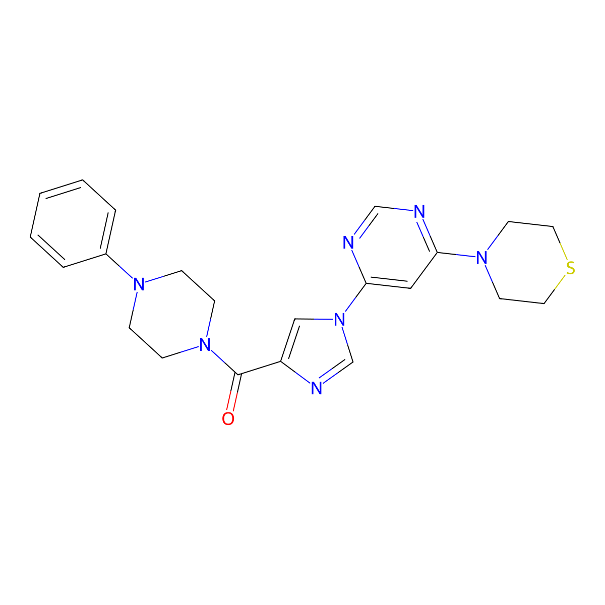 (4-phenylpiperazin-1-yl)(1-(6-thiomorpholinopyrimidin-4-yl)-1H-imidazol-4-yl)methanone molecular structure, CAS 1251576-28-9