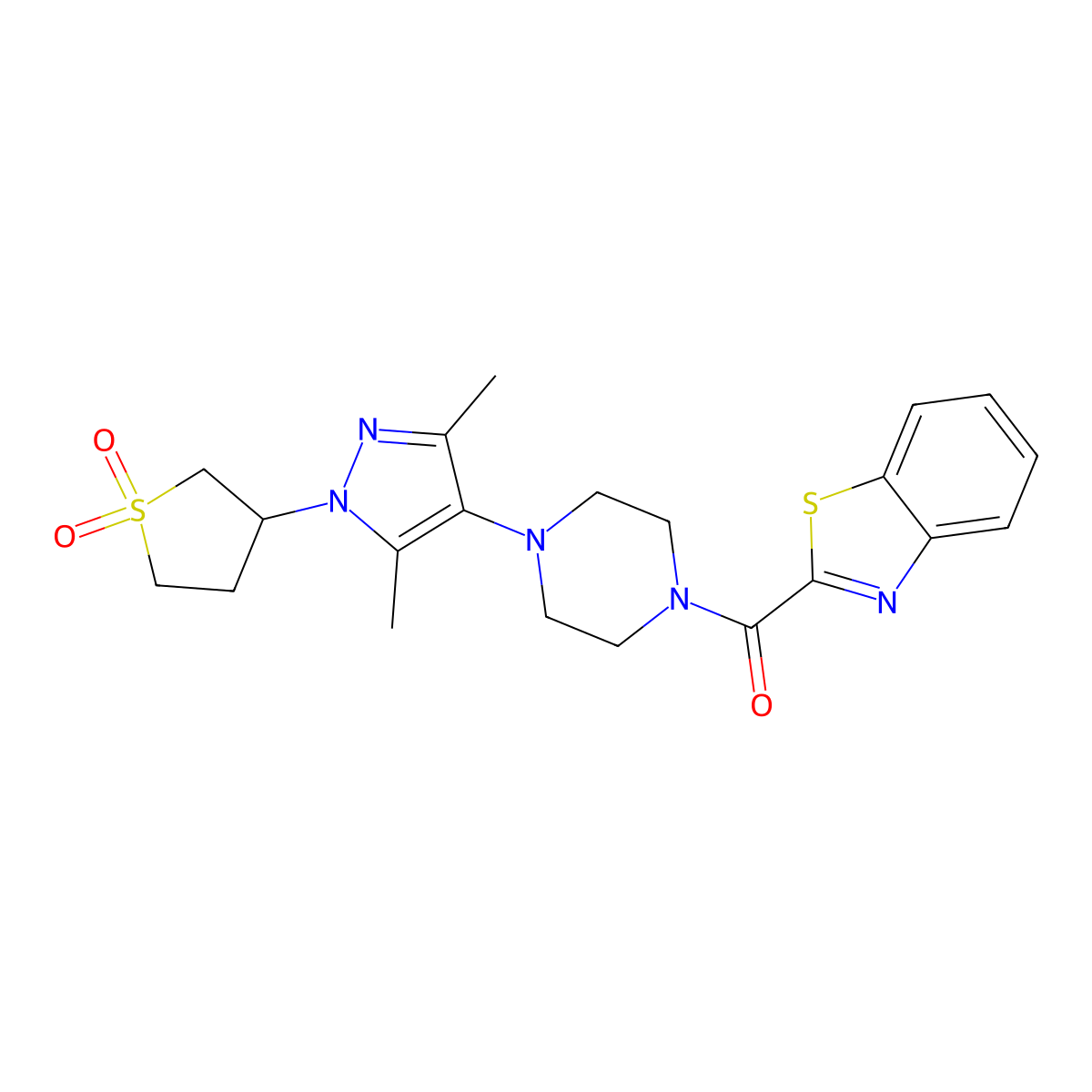 benzo[d]thiazol-2-yl(4-(1-(1,1-dioxidotetrahydrothiophen-3-yl)-3,5-dimethyl-1H-pyrazol-4-yl)piperazin-1-yl)methanone molecular structure, CAS 1251576-53-0