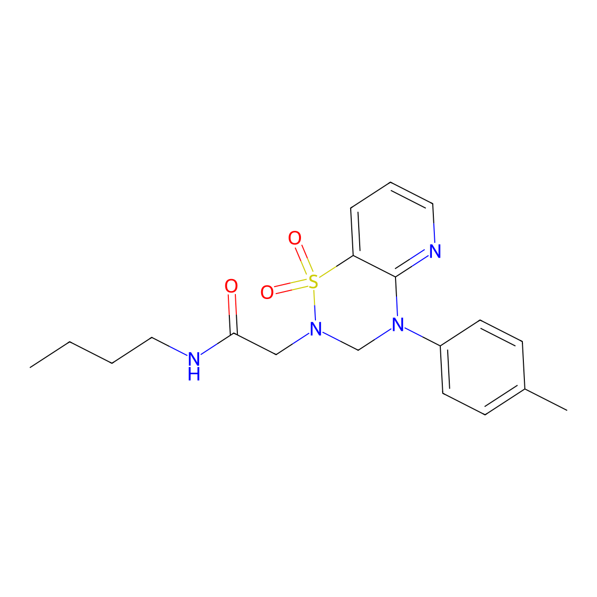 N-butyl-2-(1,1-dioxido-4-(p-tolyl)-3,4-dihydro-2H-pyrido[2,3-e][1,2,4]thiadiazin-2-yl)acetamide molecular structure, CAS 1251576-54-1