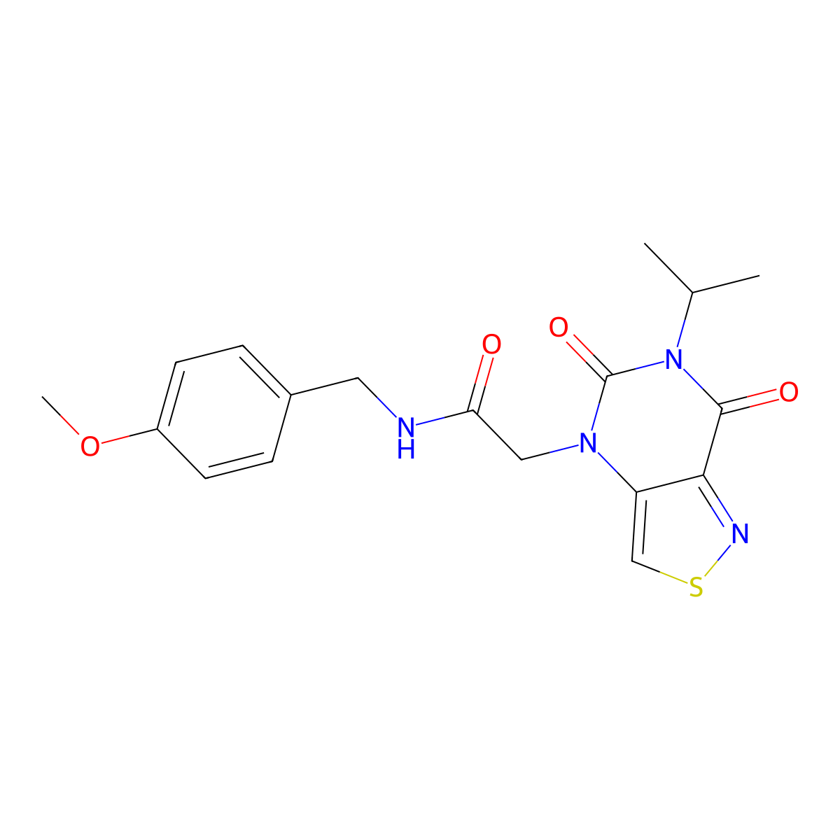 2-[5,7-dioxo-6-(propan-2-yl)-4H,5H,6H,7H-[1,2]thiazolo[4,3-d]pyrimidin-4-yl]-N-[(4-methoxyphenyl)methyl]acetamide molecular structure, CAS 1251576-85-8