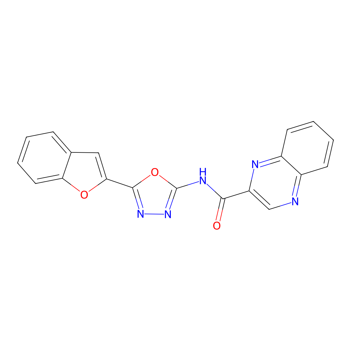 N-(5-(benzofuran-2-yl)-1,3,4-oxadiazol-2-yl)quinoxaline-2-carboxamide molecular structure, CAS 1251576-87-0