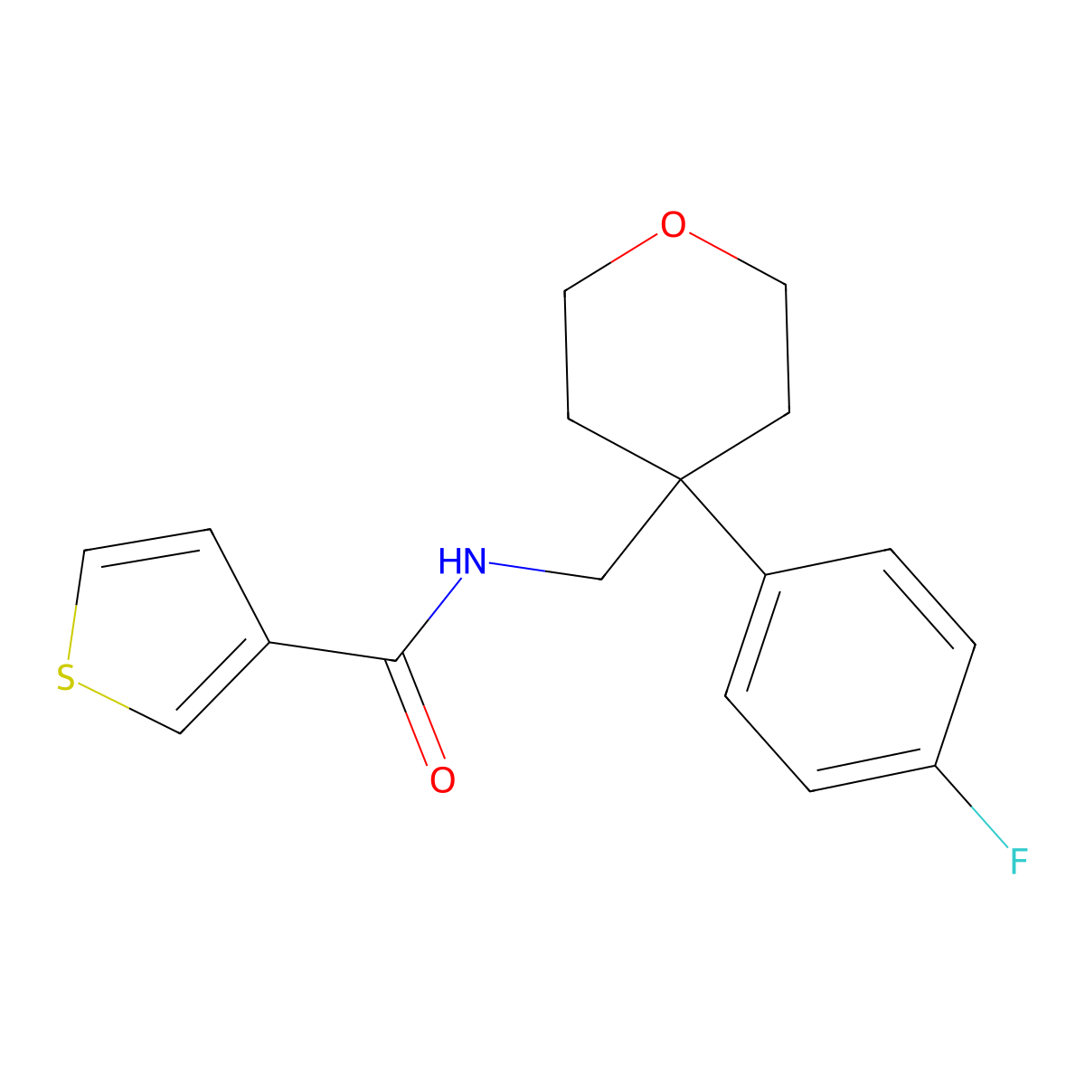 N-((4-(4-fluorophenyl)tetrahydro-2H-pyran-4-yl)methyl)thiophene-3-carboxamide molecular structure, CAS 1251576-95-0