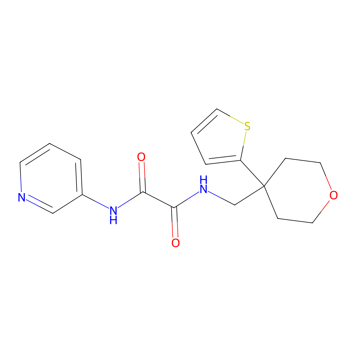 N1-(pyridin-3-yl)-N2-((4-(thiophen-2-yl)tetrahydro-2H-pyran-4-yl)methyl)oxalamide molecular structure, CAS 1251577-02-2