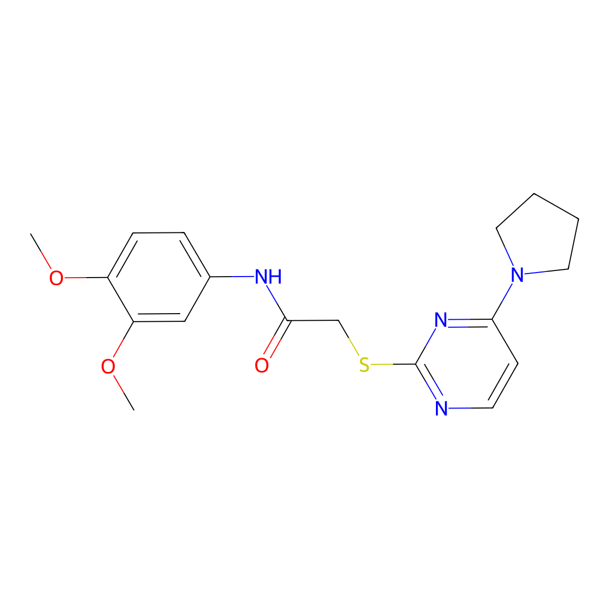 N-(3,4-dimethoxyphenyl)-2-((4-(pyrrolidin-1-yl)pyrimidin-2-yl)thio)acetamide molecular structure, CAS 1251577-03-3