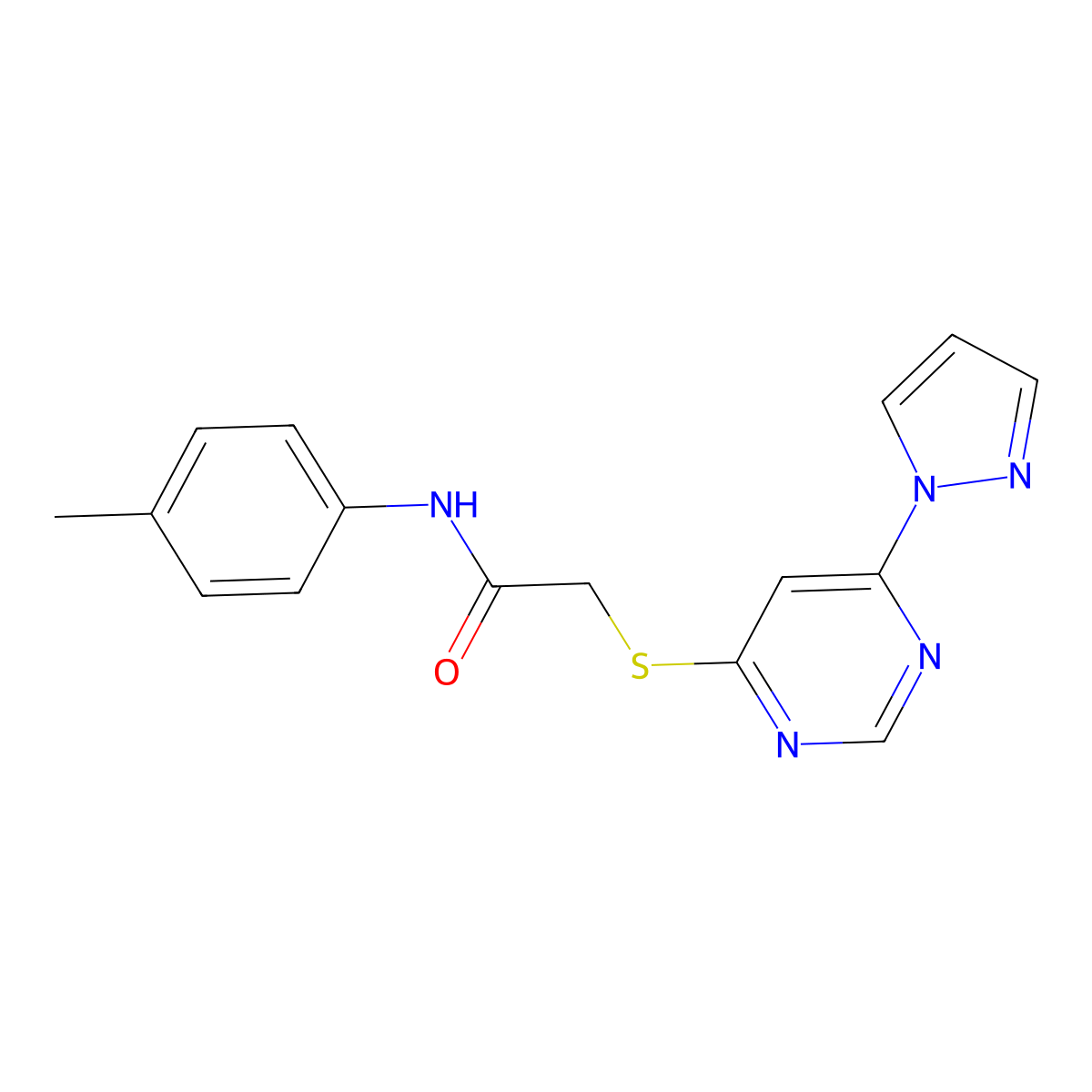 2-((6-(1H-pyrazol-1-yl)pyrimidin-4-yl)thio)-N-(p-tolyl)acetamide molecular structure, CAS 1251577-05-5