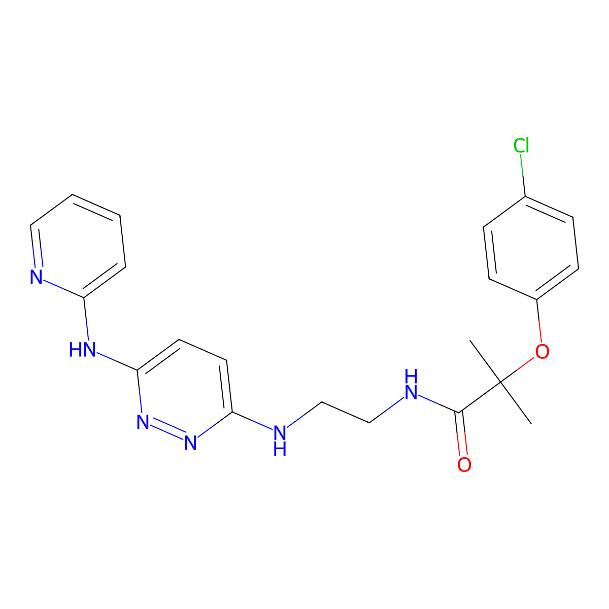 2-(4-chlorophenoxy)-2-methyl-N-(2-((6-(pyridin-2-ylamino)pyridazin-3-yl)amino)ethyl)propanamide molecular structure, CAS 1251577-07-7