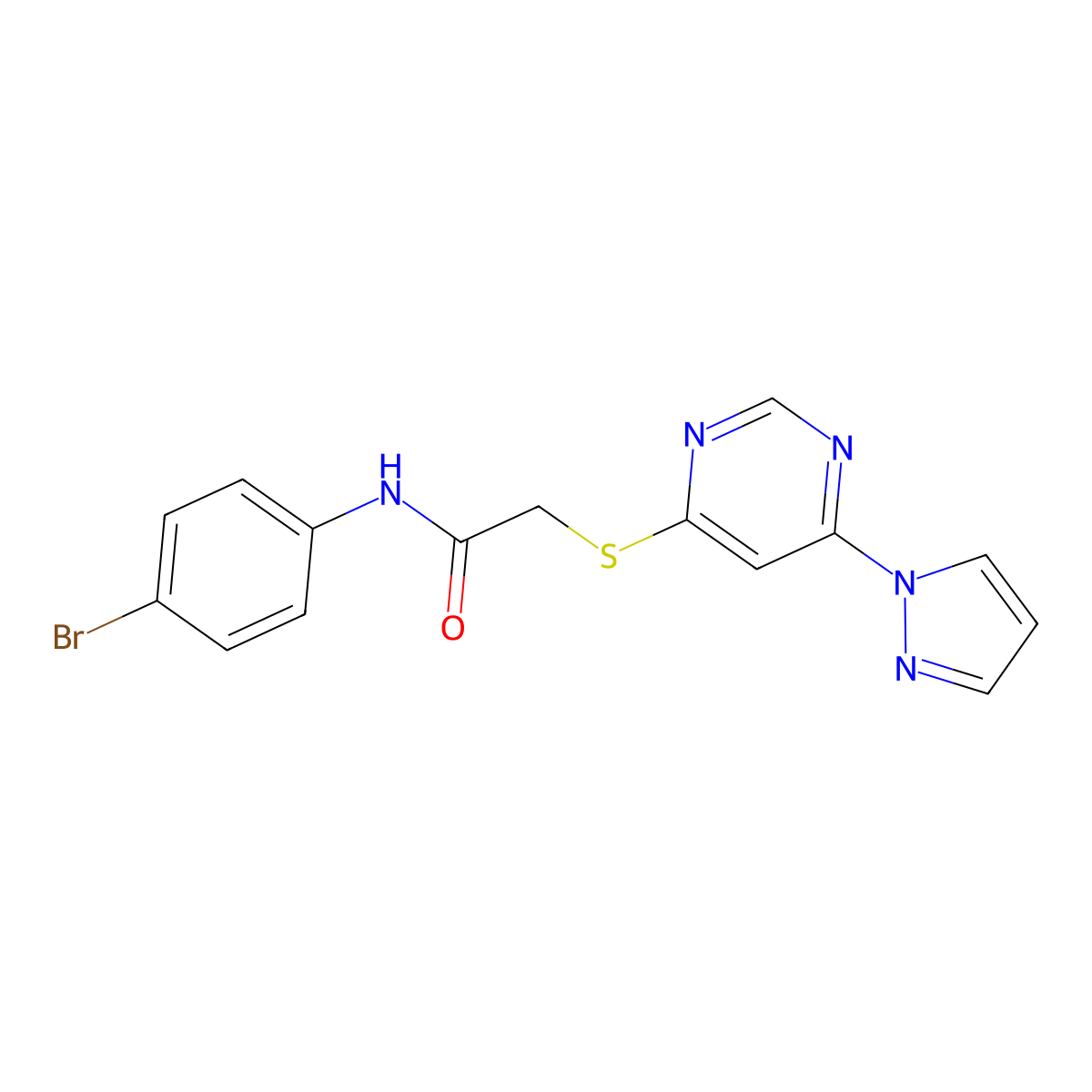 2-((6-(1H-pyrazol-1-yl)pyrimidin-4-yl)thio)-N-(4-bromophenyl)acetamide molecular structure, CAS 1251577-14-6