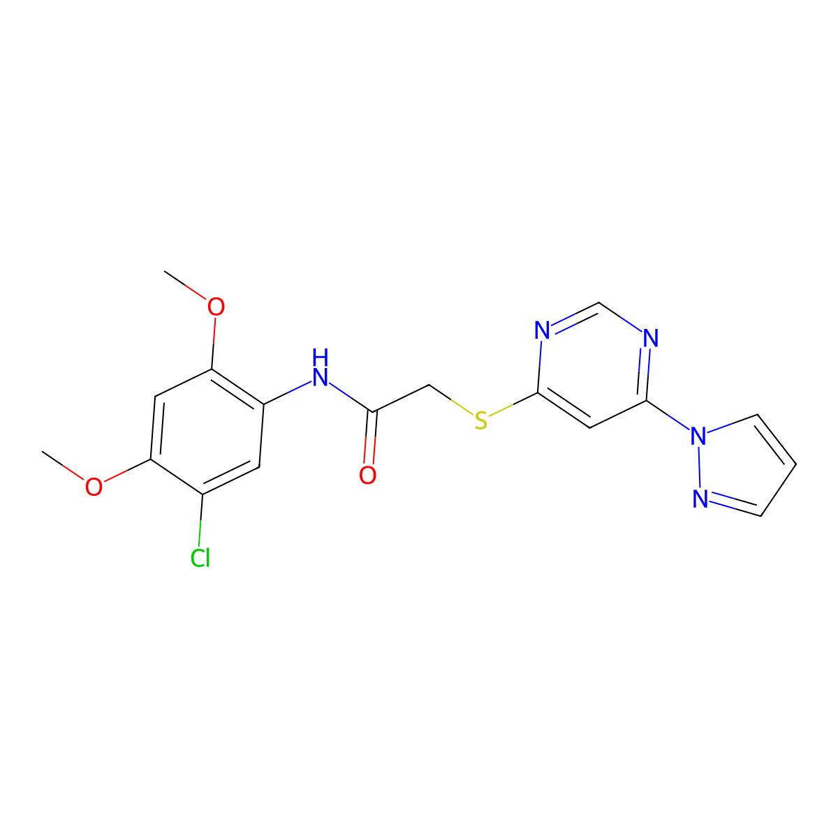 2-((6-(1H-pyrazol-1-yl)pyrimidin-4-yl)thio)-N-(5-chloro-2,4-dimethoxyphenyl)acetamide molecular structure, CAS 1251577-21-5