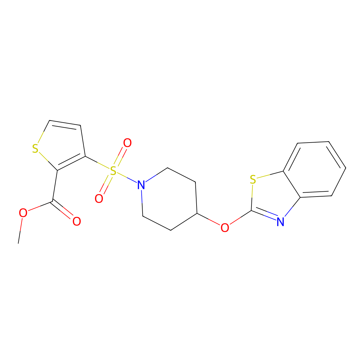 Methyl 3-((4-(benzo[d]thiazol-2-yloxy)piperidin-1-yl)sulfonyl)thiophene-2-carboxylate molecular structure, CAS 1251577-38-4