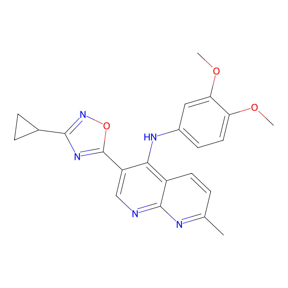 3-(3-cyclopropyl-1,2,4-oxadiazol-5-yl)-N-(3,4-dimethoxyphenyl)-7-methyl-1,8-naphthyridin-4-amine molecular structure, CAS 1251577-58-8