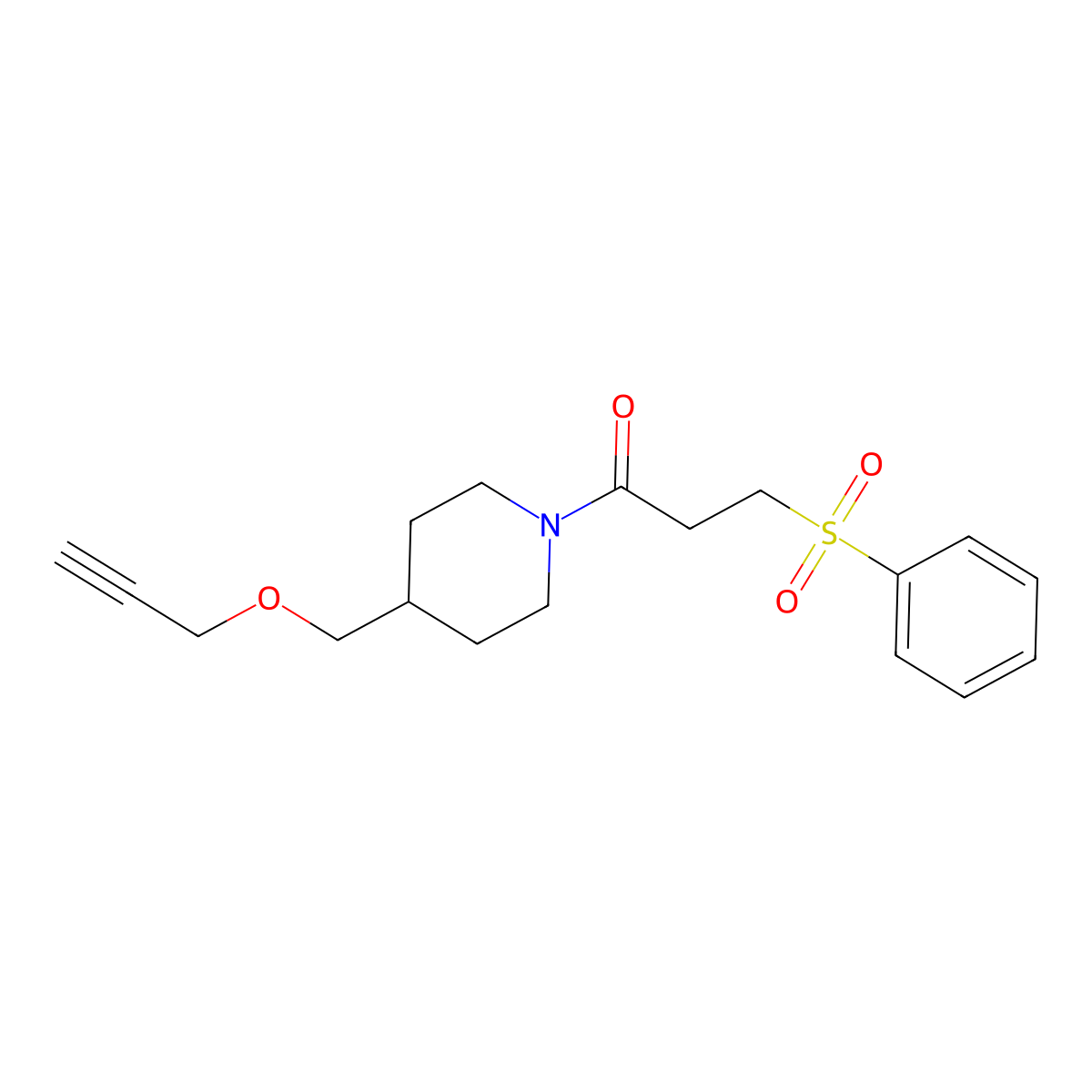3-(Phenylsulfonyl)-1-(4-((prop-2-yn-1-yloxy)methyl)piperidin-1-yl)propan-1-one molecular structure, CAS 1251577-63-5