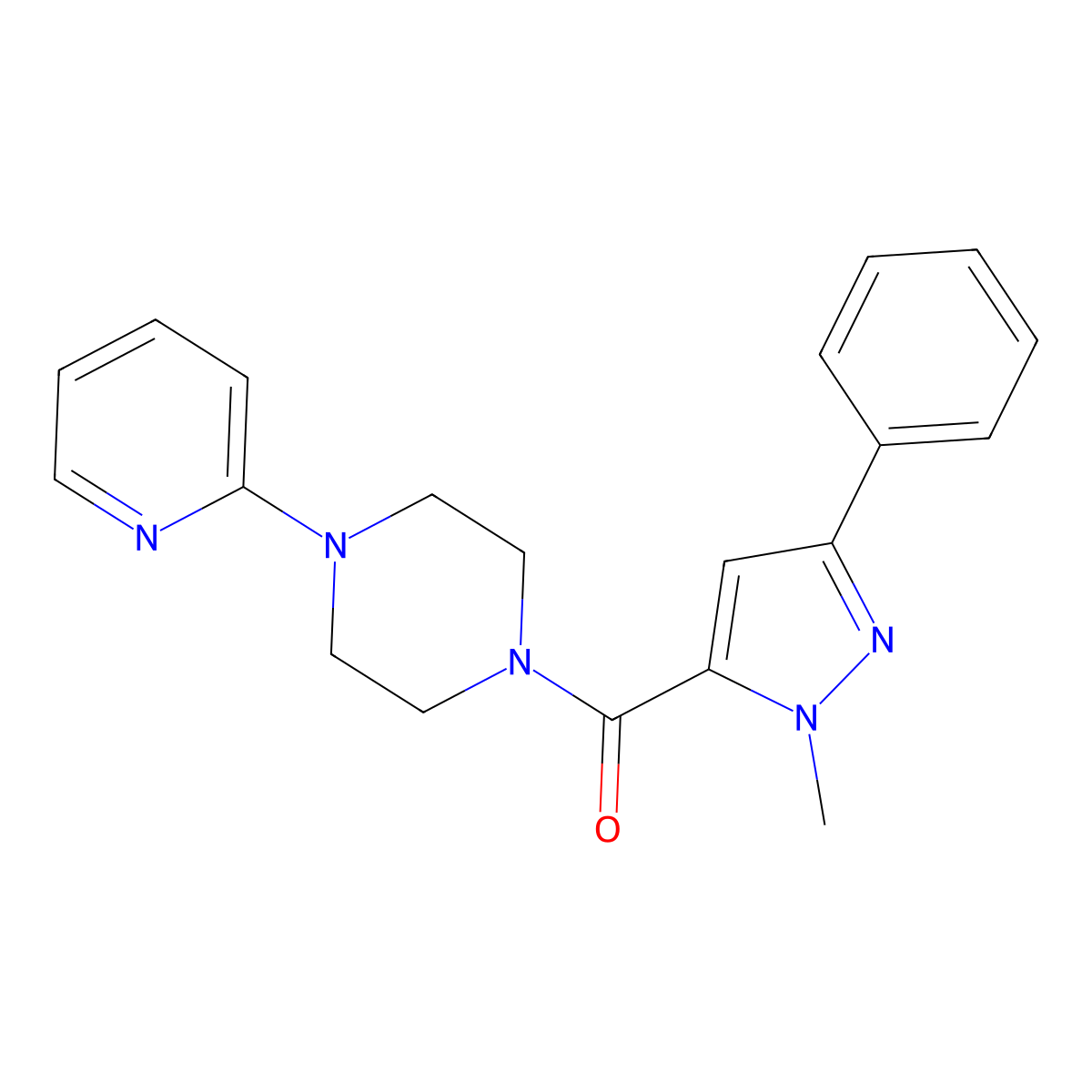(1-methyl-3-phenyl-1H-pyrazol-5-yl)(4-(pyridin-2-yl)piperazin-1-yl)methanone molecular structure, CAS 1251577-65-7