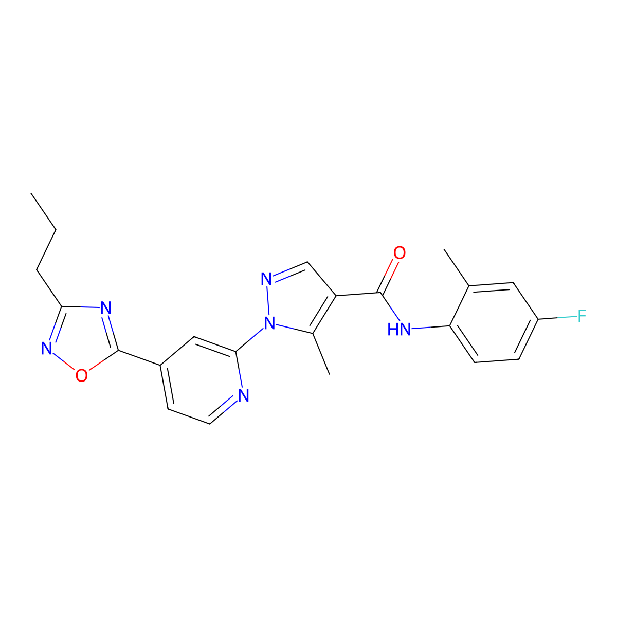 N-(4-fluoro-2-methylphenyl)-5-methyl-1-[4-(3-propyl-1,2,4-oxadiazol-5-yl)pyridin-2-yl]-1H-pyrazole-4-carboxamide molecular structure, CAS 1251577-68-0