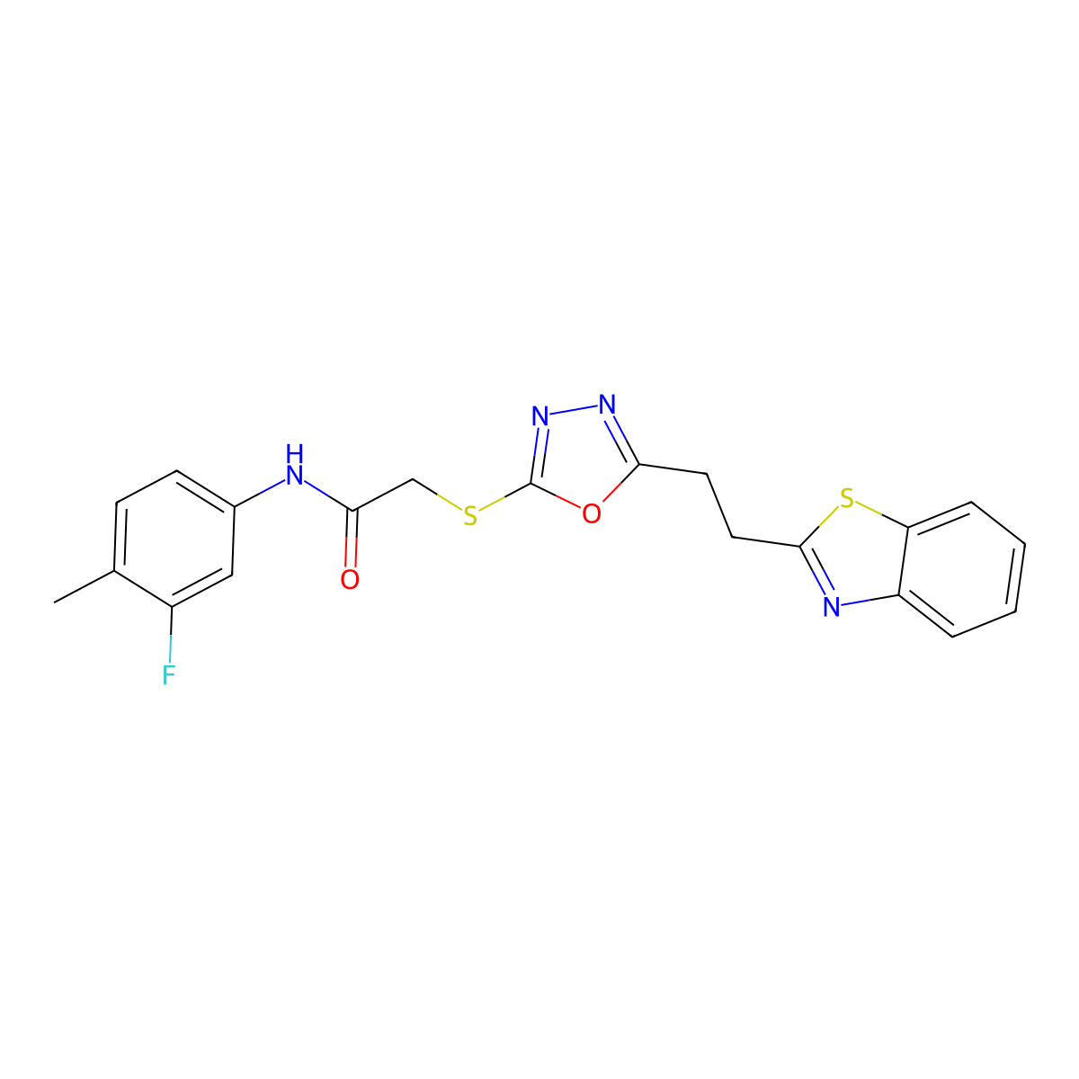 2-((5-(2-(benzo[d]thiazol-2-yl)ethyl)-1,3,4-oxadiazol-2-yl)thio)-N-(3-fluoro-4-methylphenyl)acetamide molecular structure, CAS 1251577-81-7