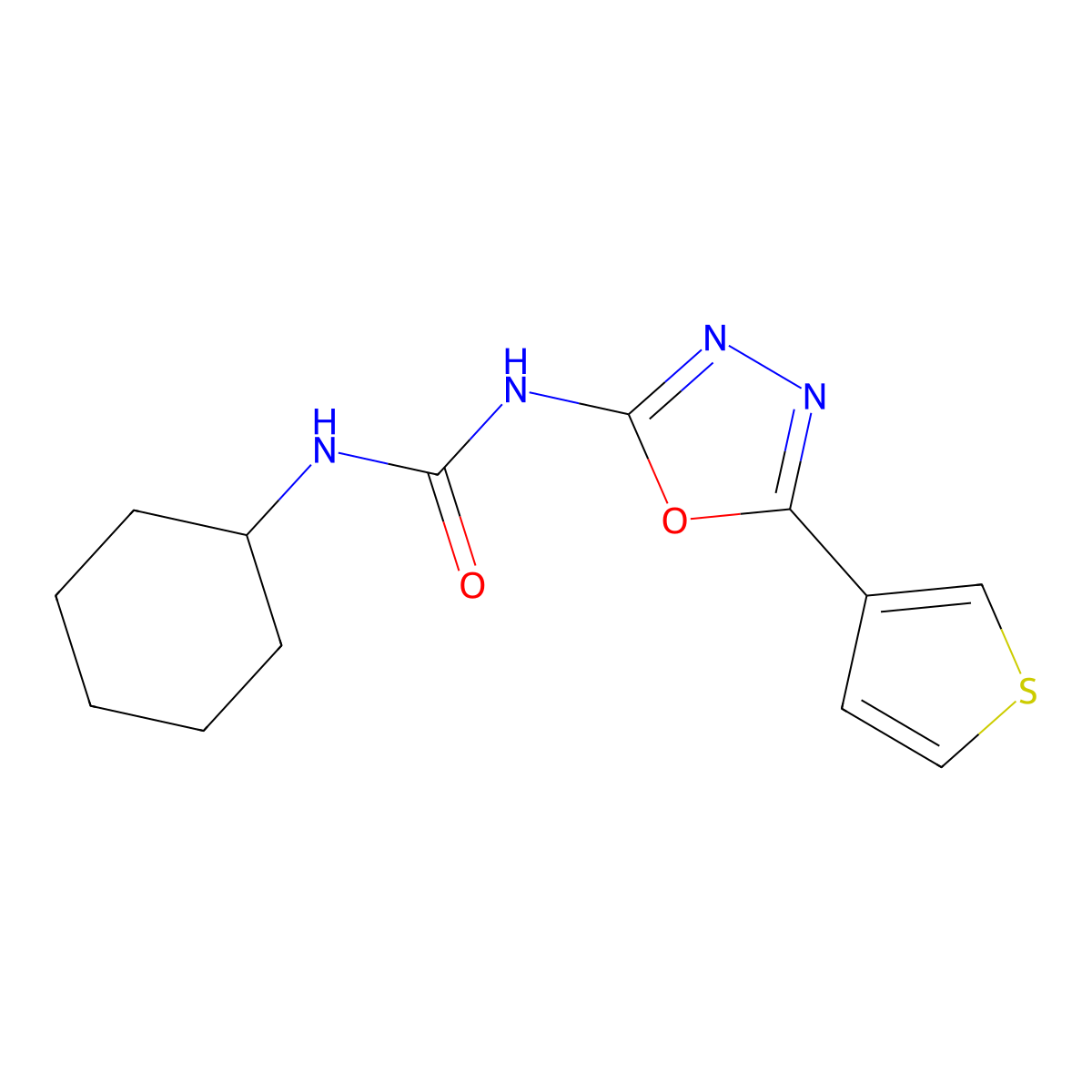 1-Cyclohexyl-3-[5-(thiophen-3-yl)-1,3,4-oxadiazol-2-yl]urea molecular structure, CAS 1251578-02-5