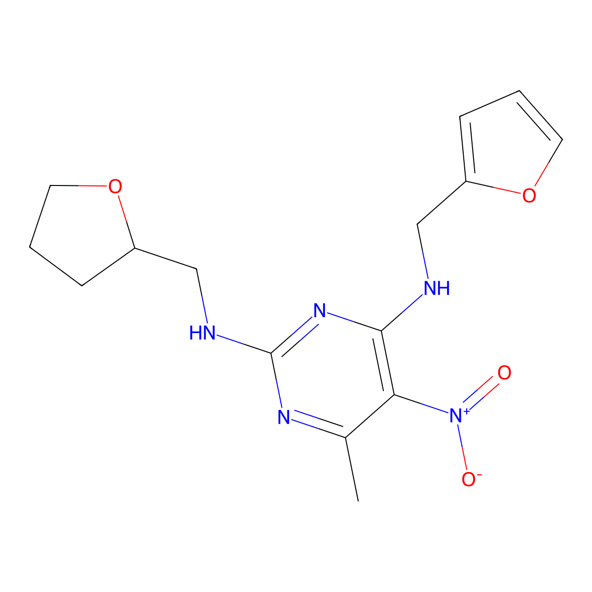 N4-(furan-2-ylmethyl)-6-methyl-5-nitro-N2-((tetrahydrofuran-2-yl)methyl)pyrimidine-2,4-diamine molecular structure, CAS 1251578-23-0