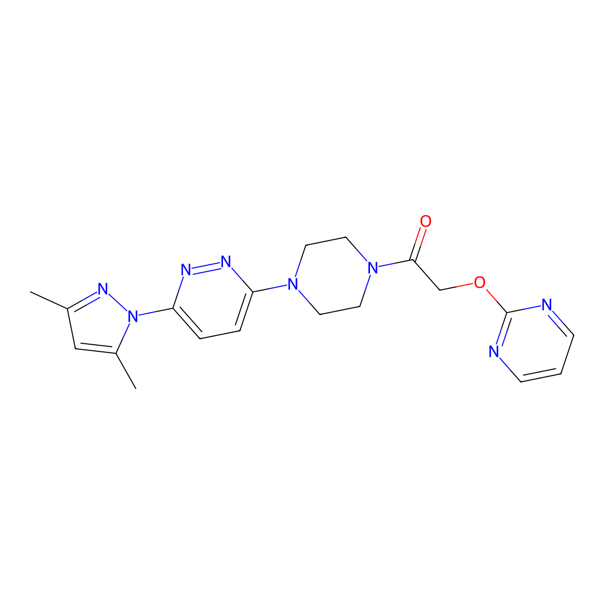 1-(4-(6-(3,5-dimethyl-1H-pyrazol-1-yl)pyridazin-3-yl)piperazin-1-yl)-2-(pyrimidin-2-yloxy)ethanone molecular structure, CAS 1251578-44-5